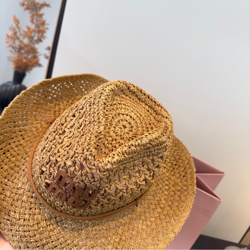 Miu Miu Raffia Straw Cowboy Hat w/ Logo - Picture 2 of 8